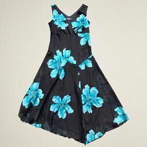 Black and blue floral asymmetrical midi dress, whimsigoth 90s Y2K fairycore